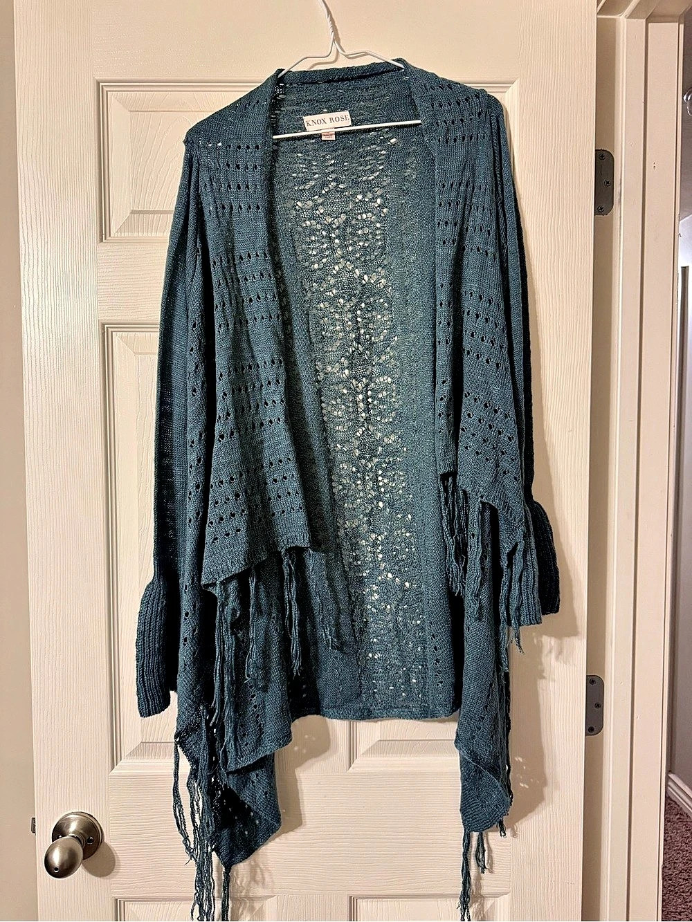 Knox Rose Open Front Fringe Cardigan in Blue
